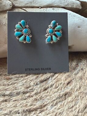 Zuni Alicia Wilson Turquoise Teardrop Cluster Sterling Silver Stud Earrings